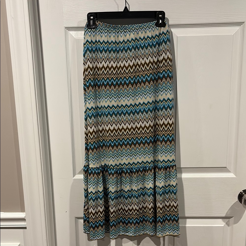 Claudia Richard Chevron Maxi Skirt in Blue, Brown and White